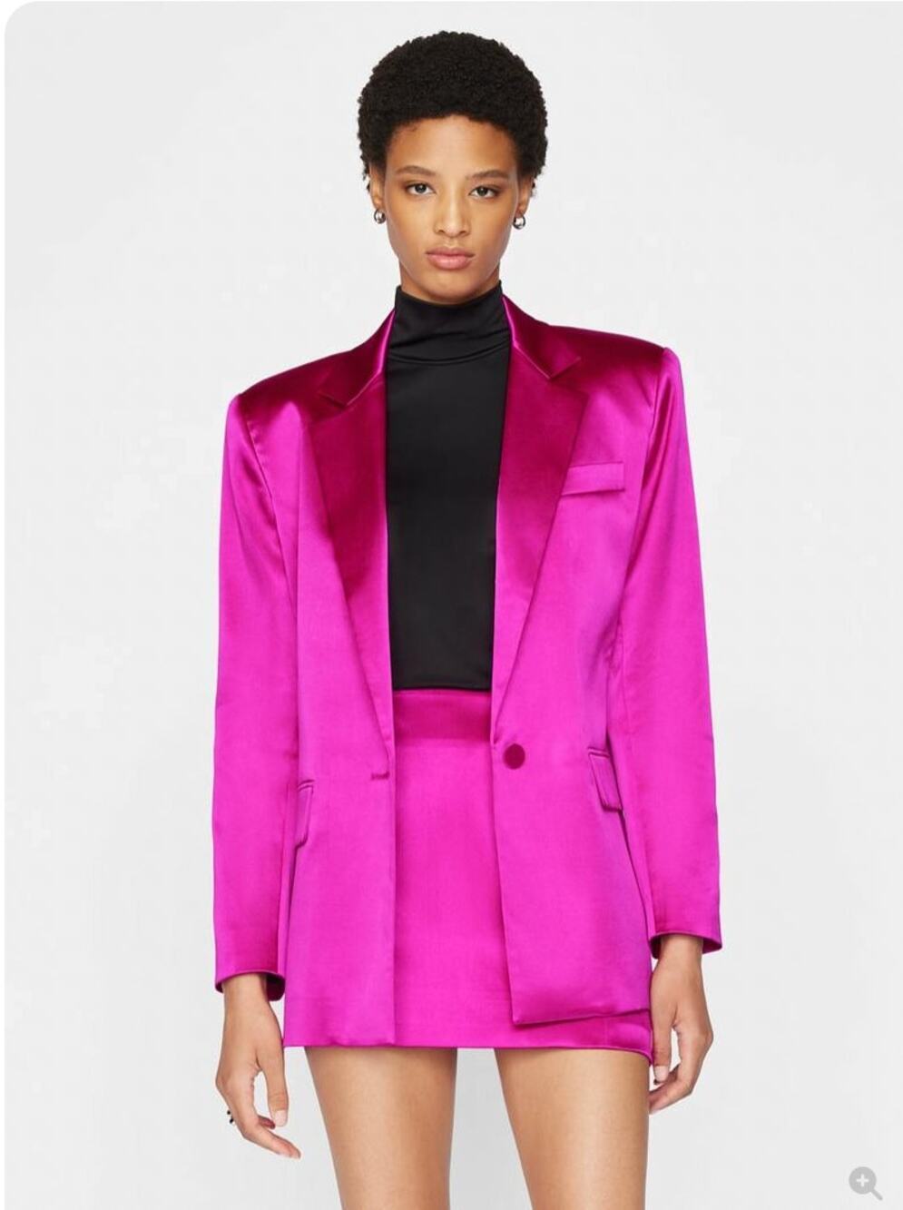 Frame Strong Shoulder Blazer in Magenta Pink Satin sz L oversized bold